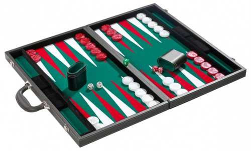 Profi Backgammon Spielkoffer aus Kunstleder und angenehm ruhigen Filz auf der Spielfläche. Inklusive Spielsteinen, Würfel und Becher